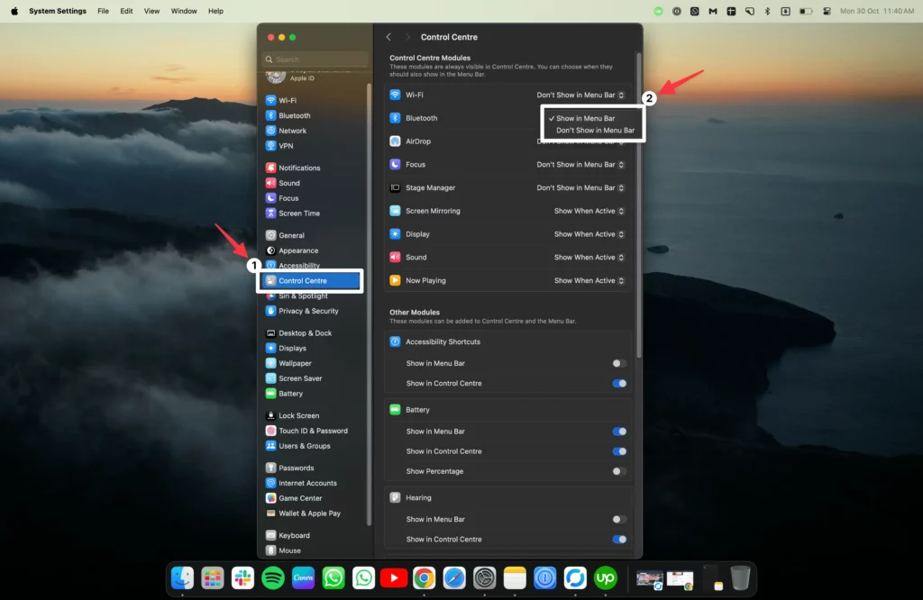 MacOS Sonoma's Control Centre settings. Arrow points to 'Bluetooth' option with 'Show in Menu Bar' highlighted.