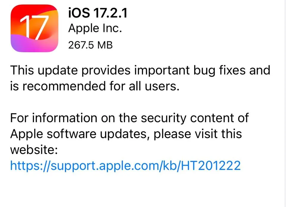 iOS 17.2.1 Update