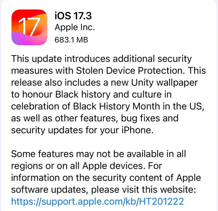 Apple iOS 17.3.1 Update