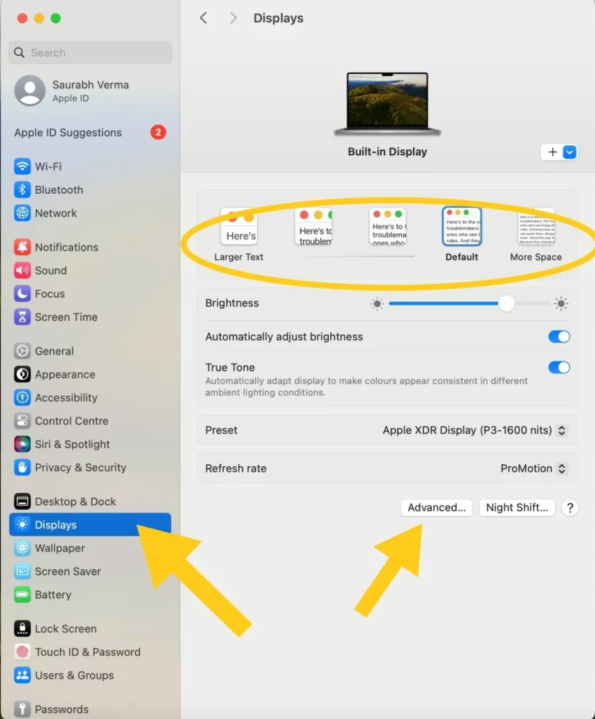 Displays Setting  for Mac’s screen resolution in macOS Sonoma
