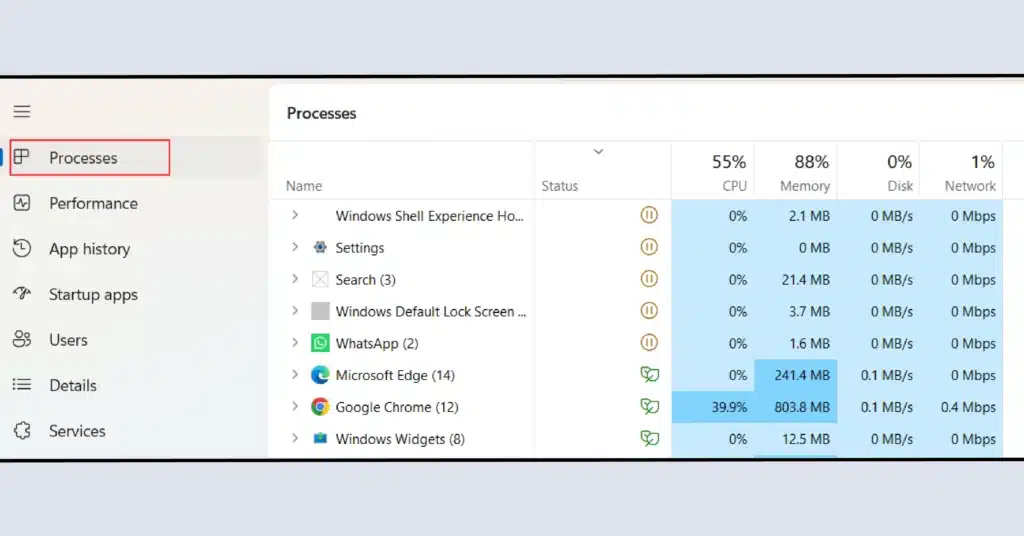 Click on the “Processes” tab to see a list of currently running processes along with their CPU, memory, and power usage.