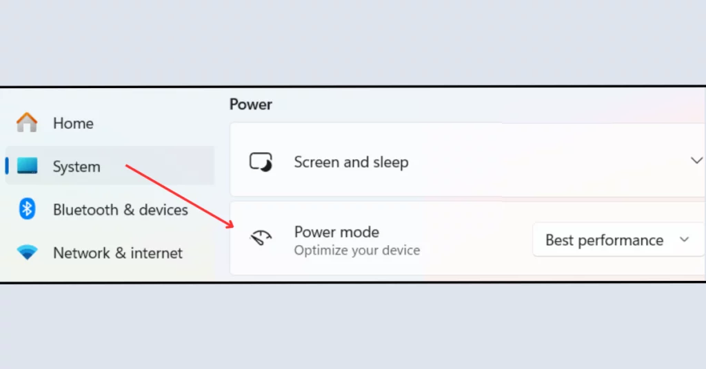 Open Settings through search bar and go to system then choose Power Mode
