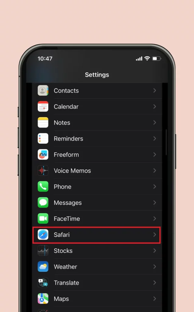 Safari settings showing Advanced option highlighted