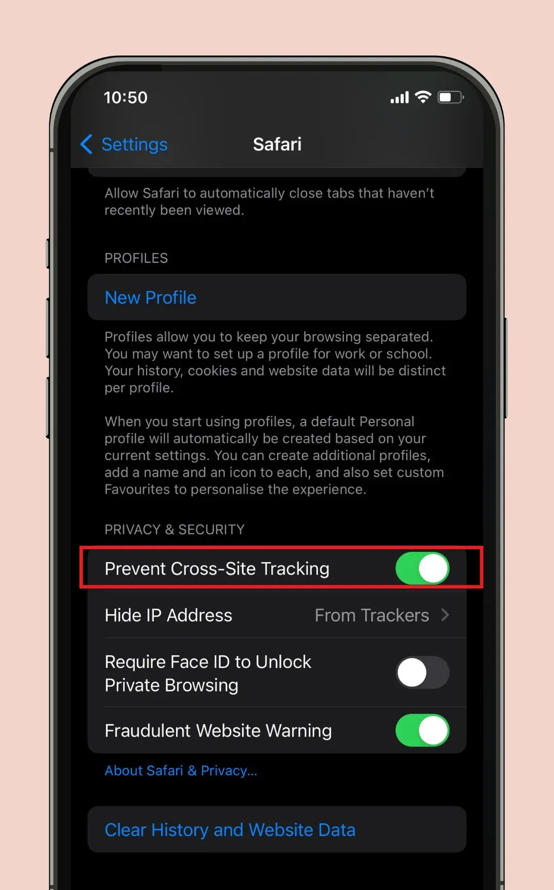 iPhone Safari settings showing the option to prevent cross-site tracking