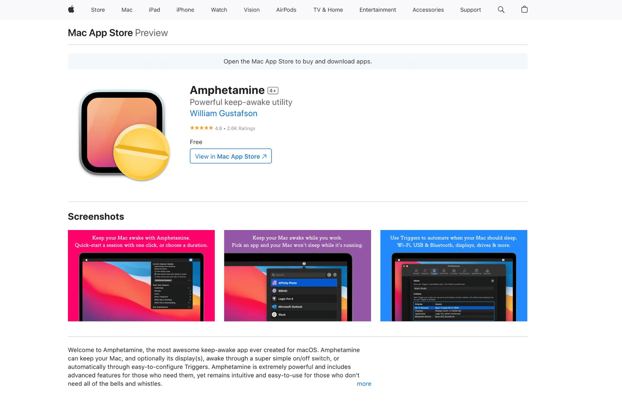 Mac App Store showing the Amphetamine app available for download on macOS Sonoma.