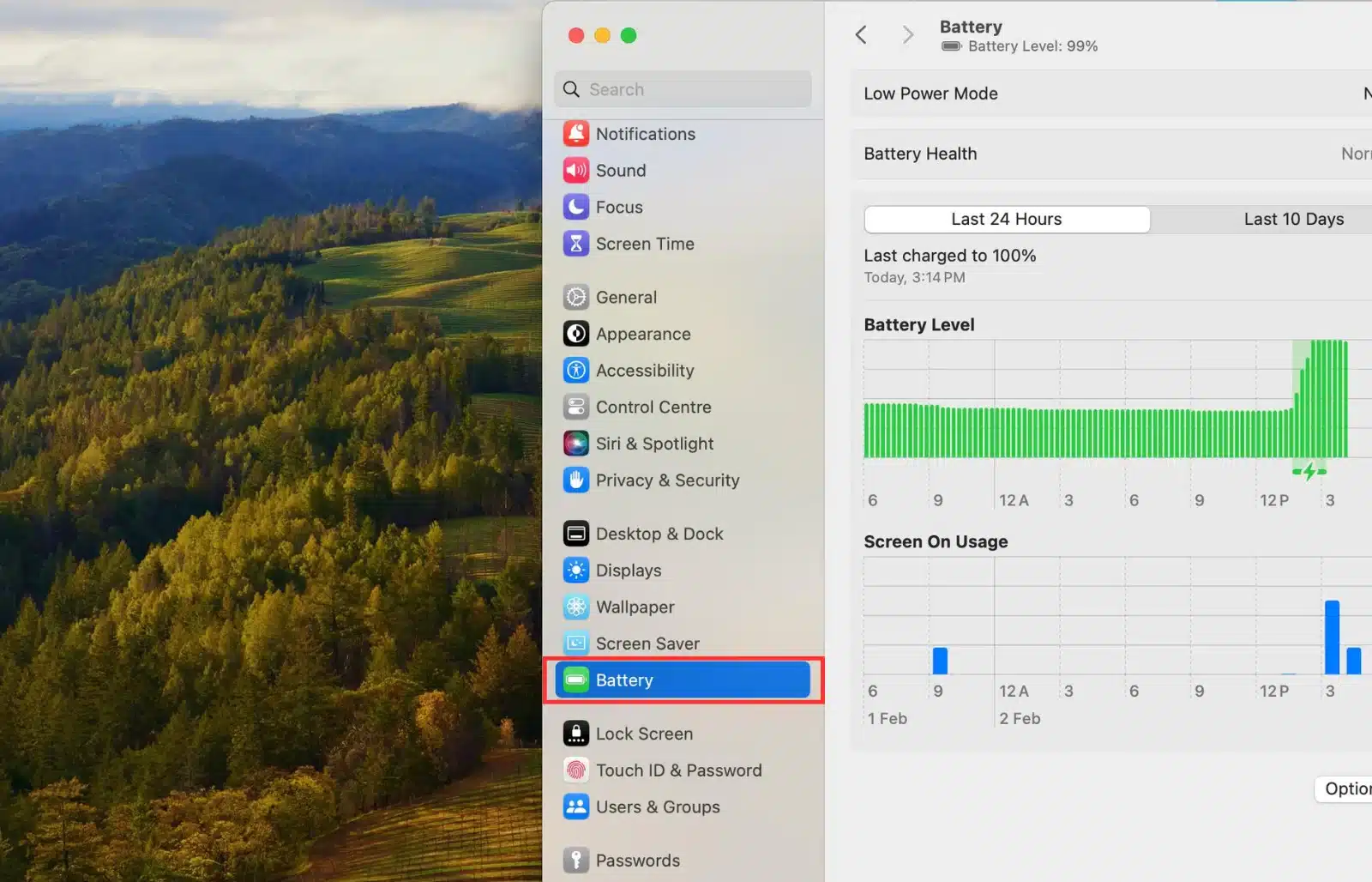 Mac System Settings window with the Battery option highlighted in macOS Sonoma