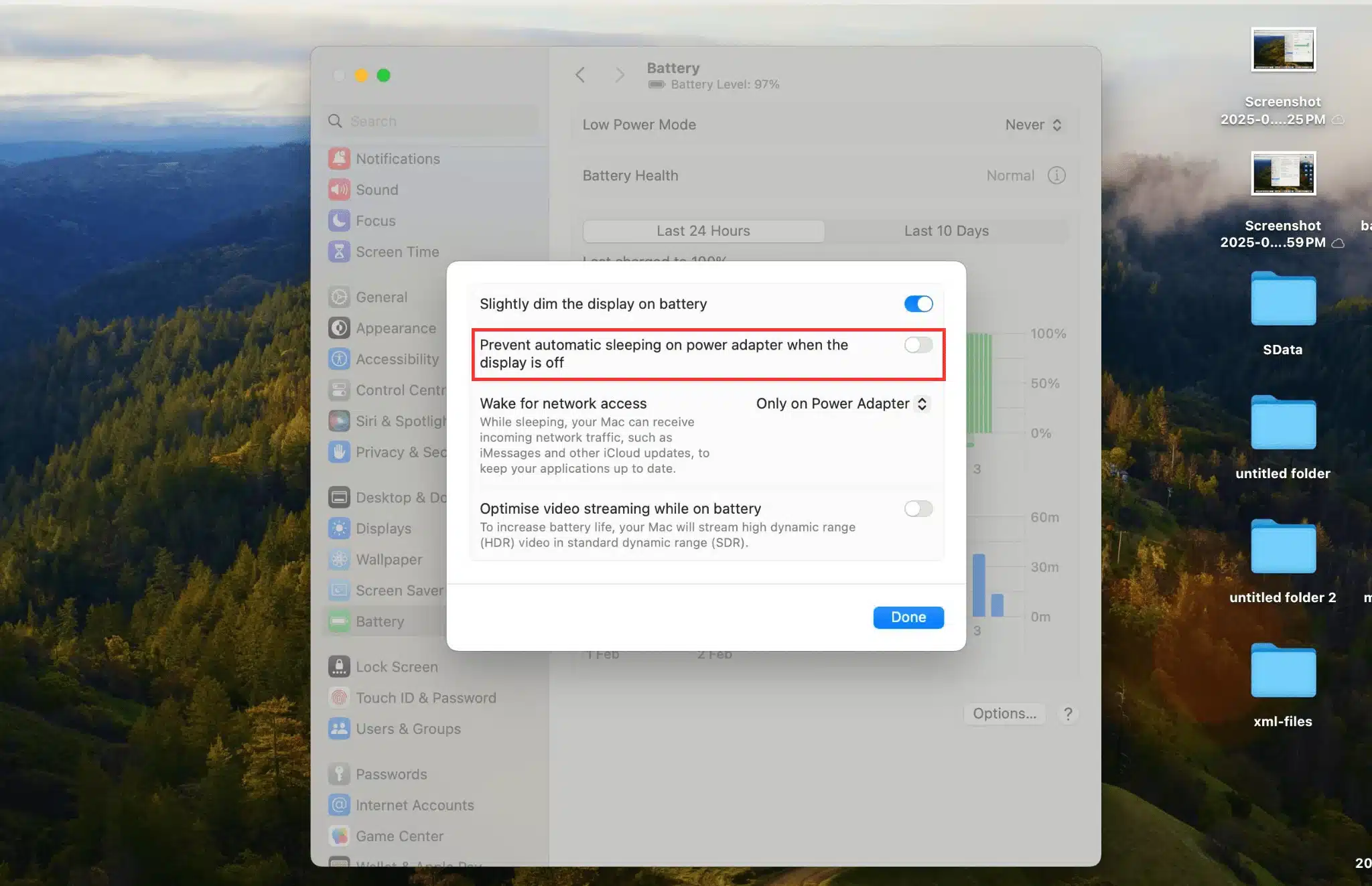 Battery Options menu in macOS Sonoma with the 'Prevent automatic sleeping when the display is off' setting visible.